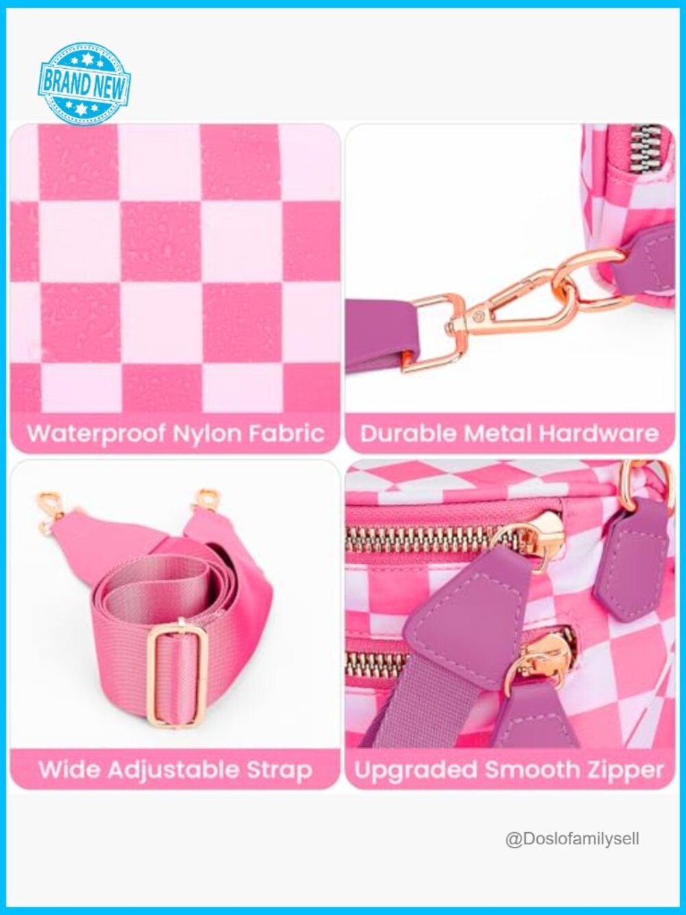 Checkered Nylon Crossbody Bum Bag Adjustable Strap Travel Everyday Purse - Picture 3 of 7